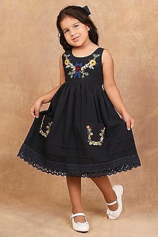 charcoal black organic cotton floral embroidered dress for girls