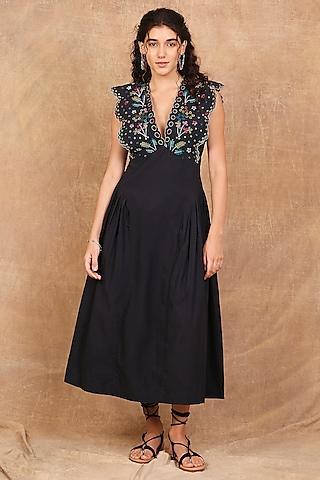 charcoal black organic cotton floral embroidered maxi dress