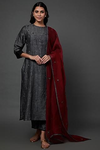 charcoal black organic silk denim embroidered kurta set