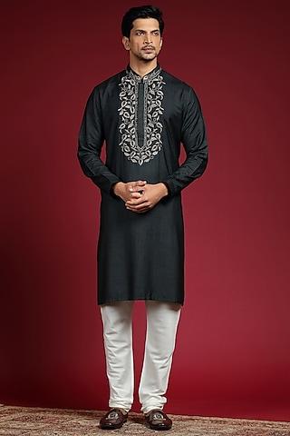 charcoal black silk blend zardosi hand embroidered kurta set