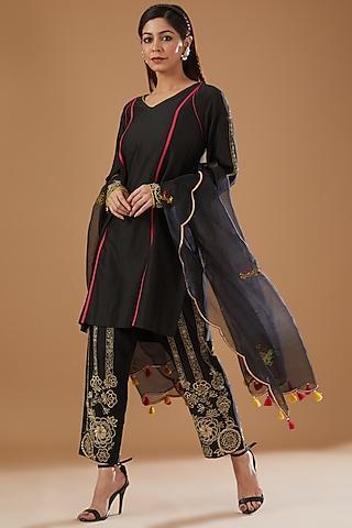 charcoal black silk chanderi embroidered kurta set