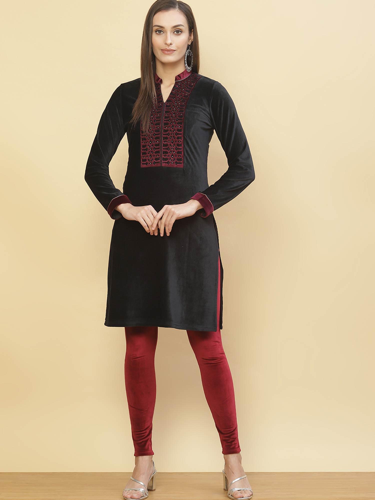 charcoal black straight kurti with mandarin collar