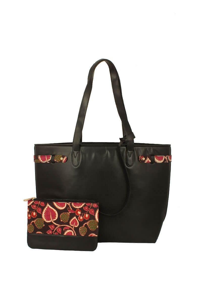 charcoal black tote bag with hibiscus red kalamkari pouch