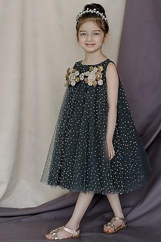 charcoal black tulle & net hand embroidered dress for girls