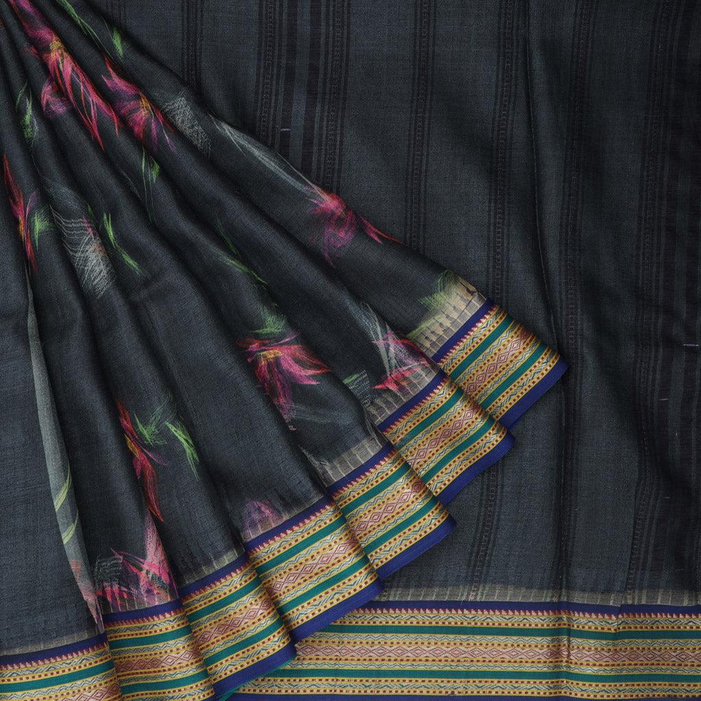 charcoal black tussar saree with floral printed design