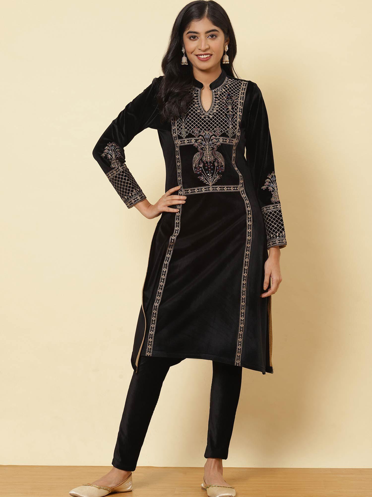 charcoal black velvet straight kurti