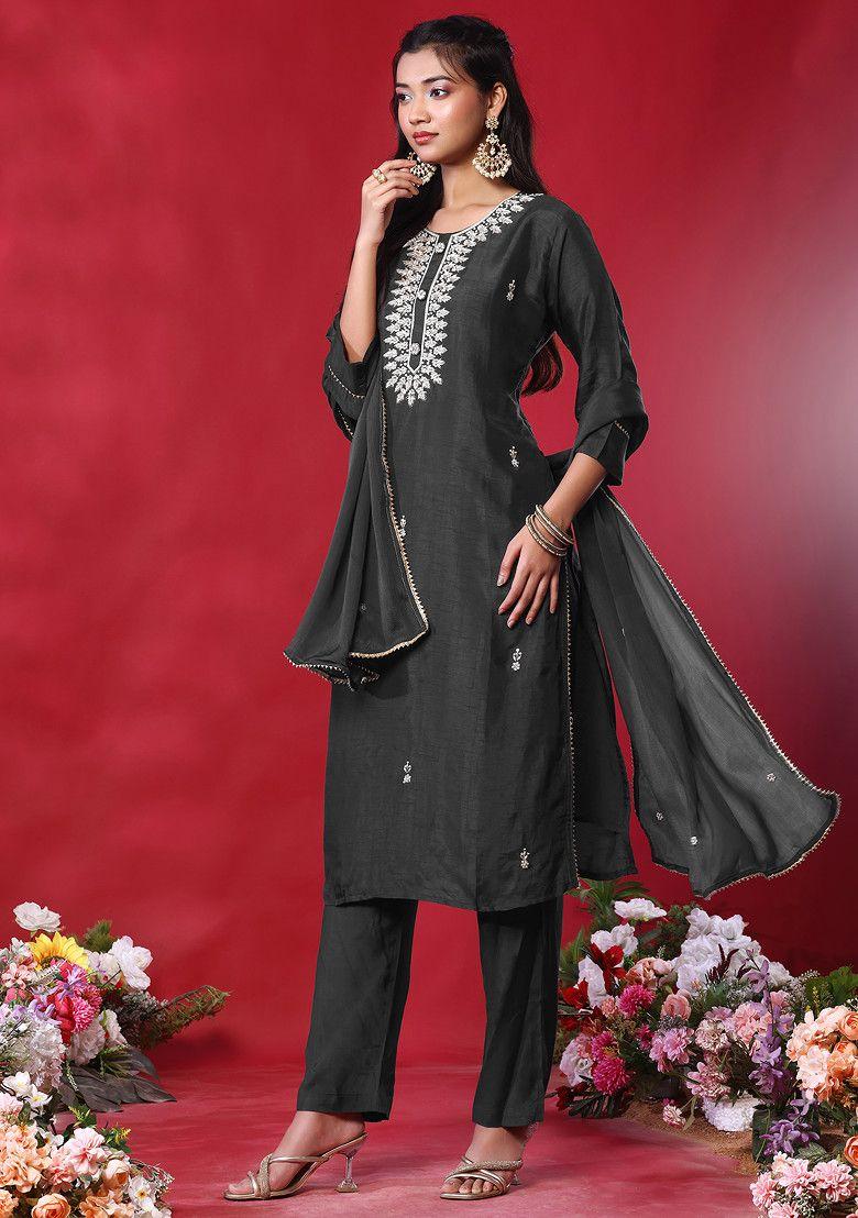 charcoal black zari leaf hand embroidered kurta set with pants and dupatta