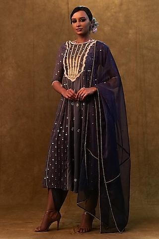 charcoal blue silk sequins work anarkali set