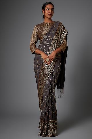 charcoal chiffon embroidered saree set