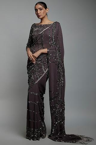 charcoal chiffon sequins embroidered saree set