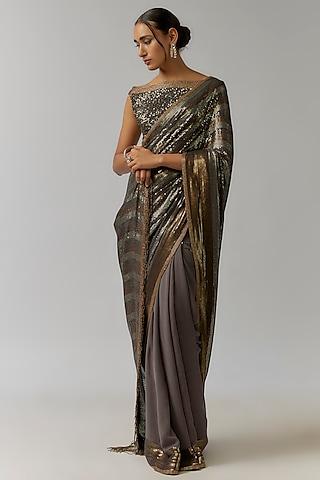 charcoal chiffon sequins embroidered saree set