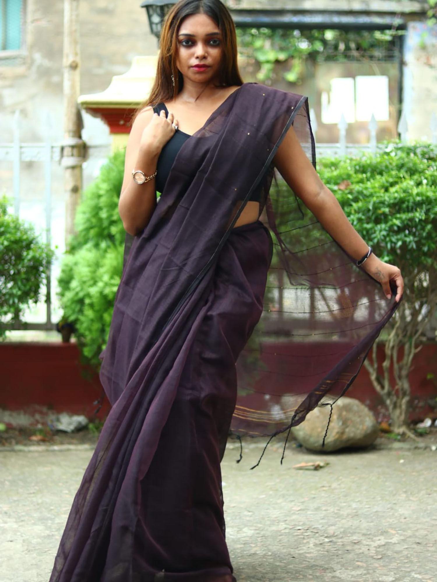 charcoal cotton saree with unstitched blouse