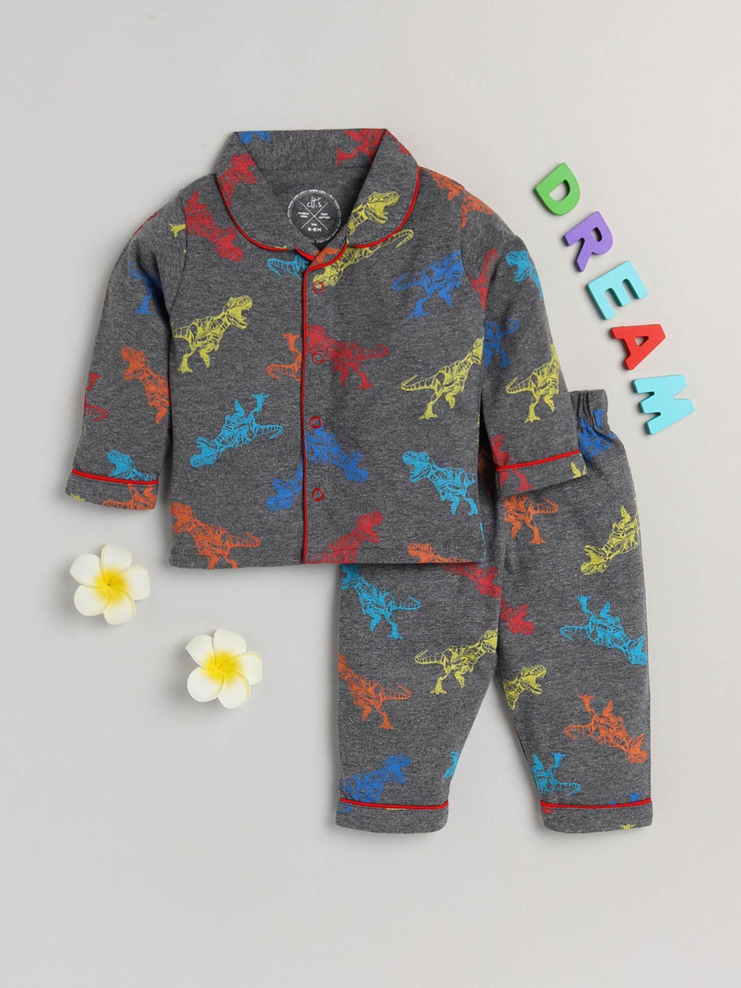 charcoal dino printed full sleeve night suit (set of 2)