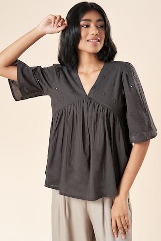 charcoal embroidered casual elbow sleeves v neck women flared fit  top