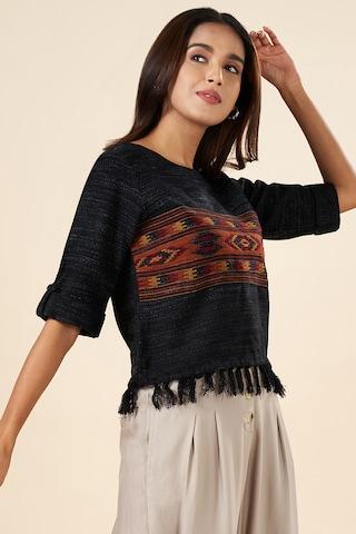 charcoal embroidered casual half sleeves round neck women regular fit pullover