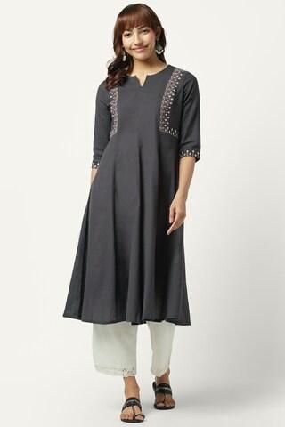 charcoal embroidered casual rounded v-neck 3/4th sleeves calf-length women regular fit kurta