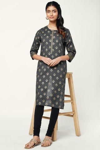 charcoal floral print ethnic round neck 3/4th sleeves calf-length women regular fit kurta