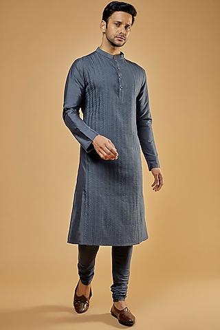 charcoal grey cotton silk embroidered kurta set