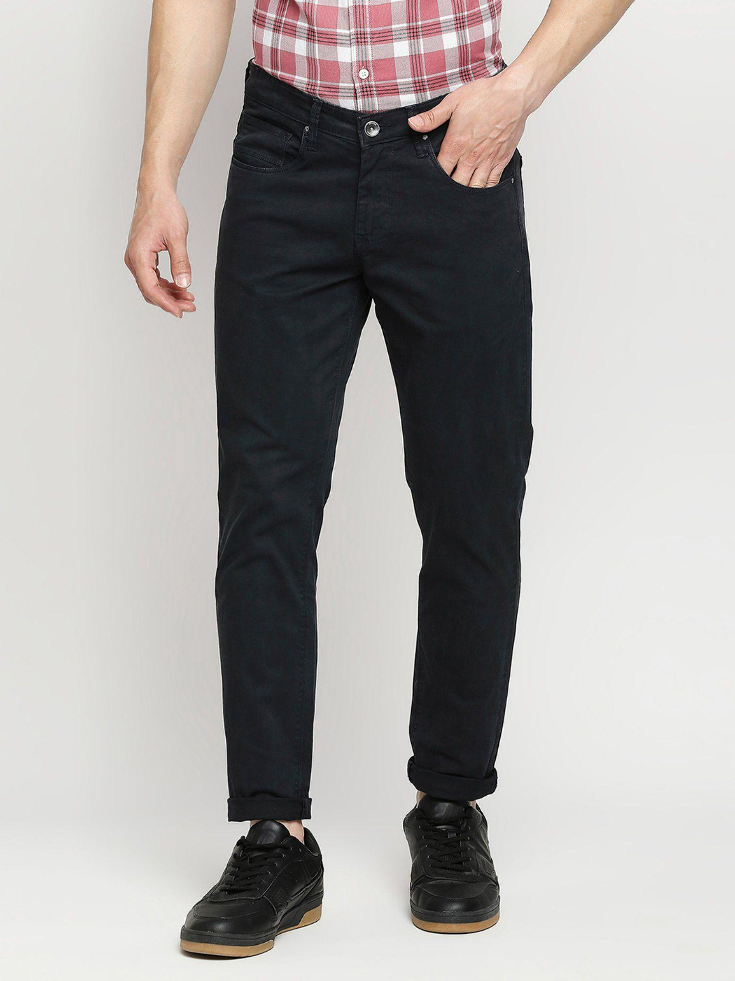 charcoal grey cotton slim fit tapered length trousers for men