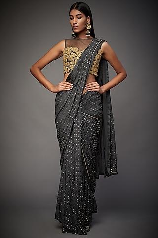 charcoal grey draped saree set