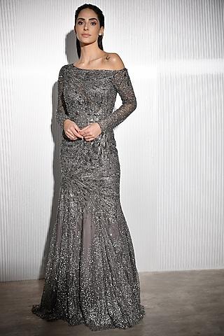 charcoal grey embroidered gown