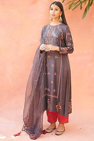 charcoal grey embroidered kurta set