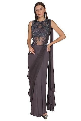 charcoal grey embroidered saree gown with attached drape