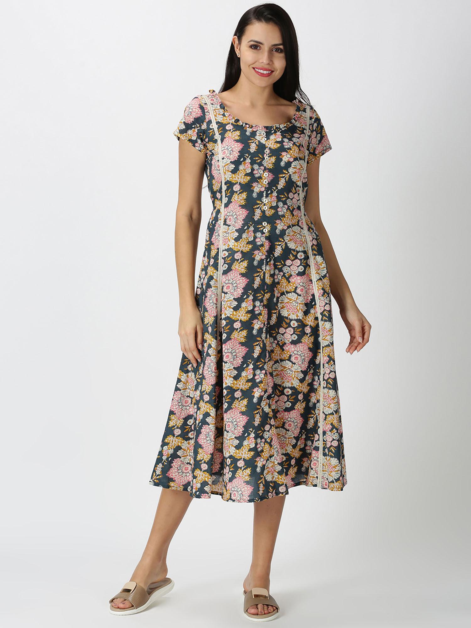 charcoal grey floral printed back closure midi dress