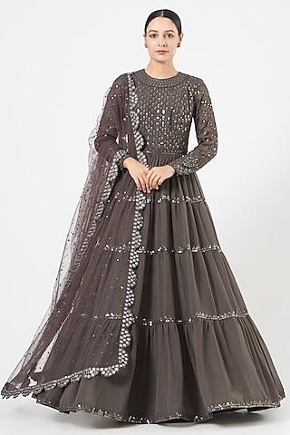 charcoal grey georgette anarkali set