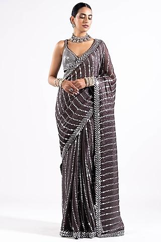 charcoal grey georgette mirror embellished pre-draped saree set