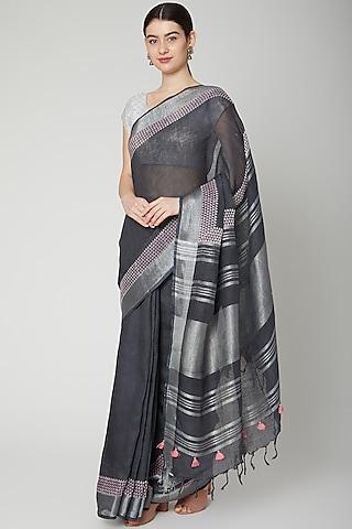 charcoal grey linen printed handwoven saree set