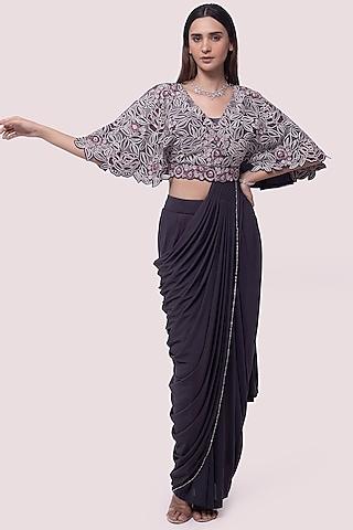 charcoal grey lycra net draped saree set
