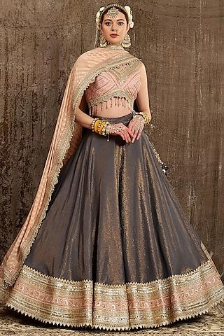 charcoal grey machine embroidered lehenga set