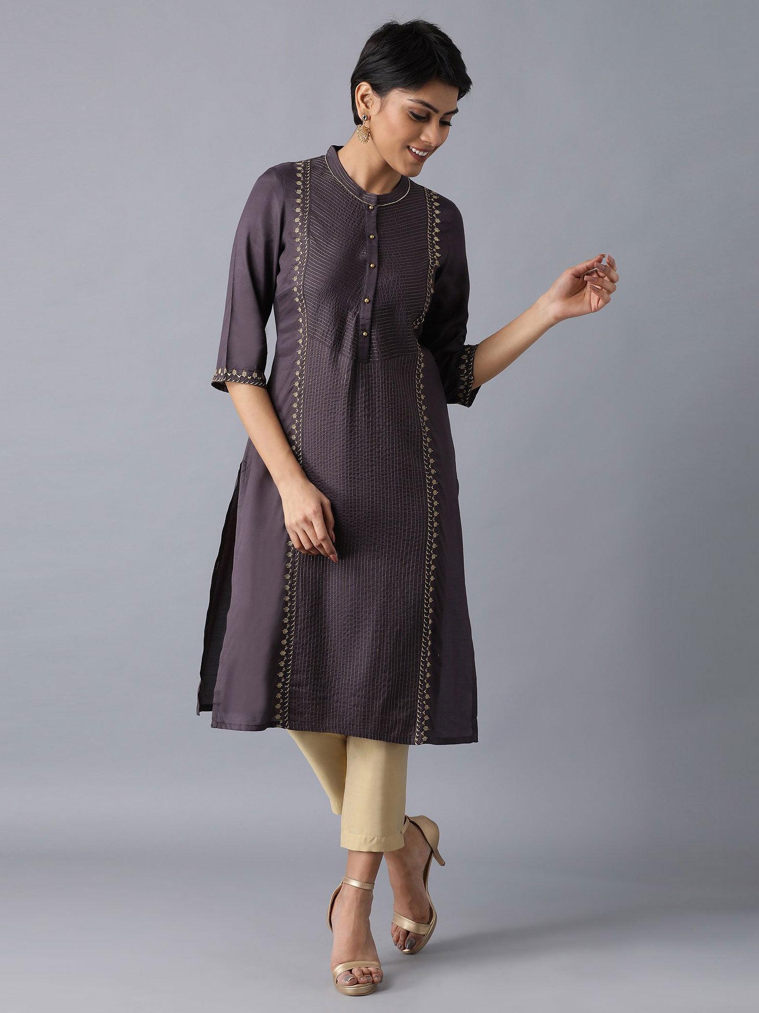 charcoal grey mandarin neck embroidered kurta