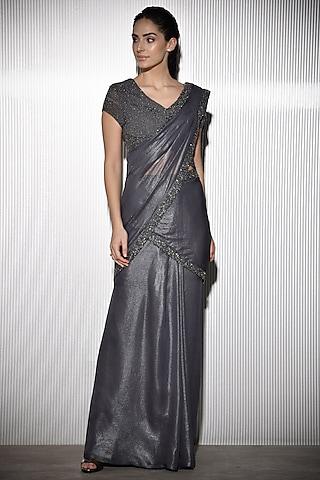charcoal grey polyester crystal embroidered saree set