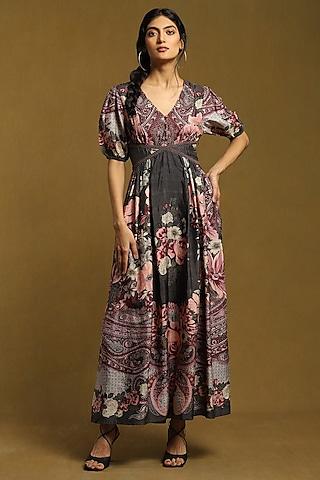 charcoal grey silk printed semi-fitted dress