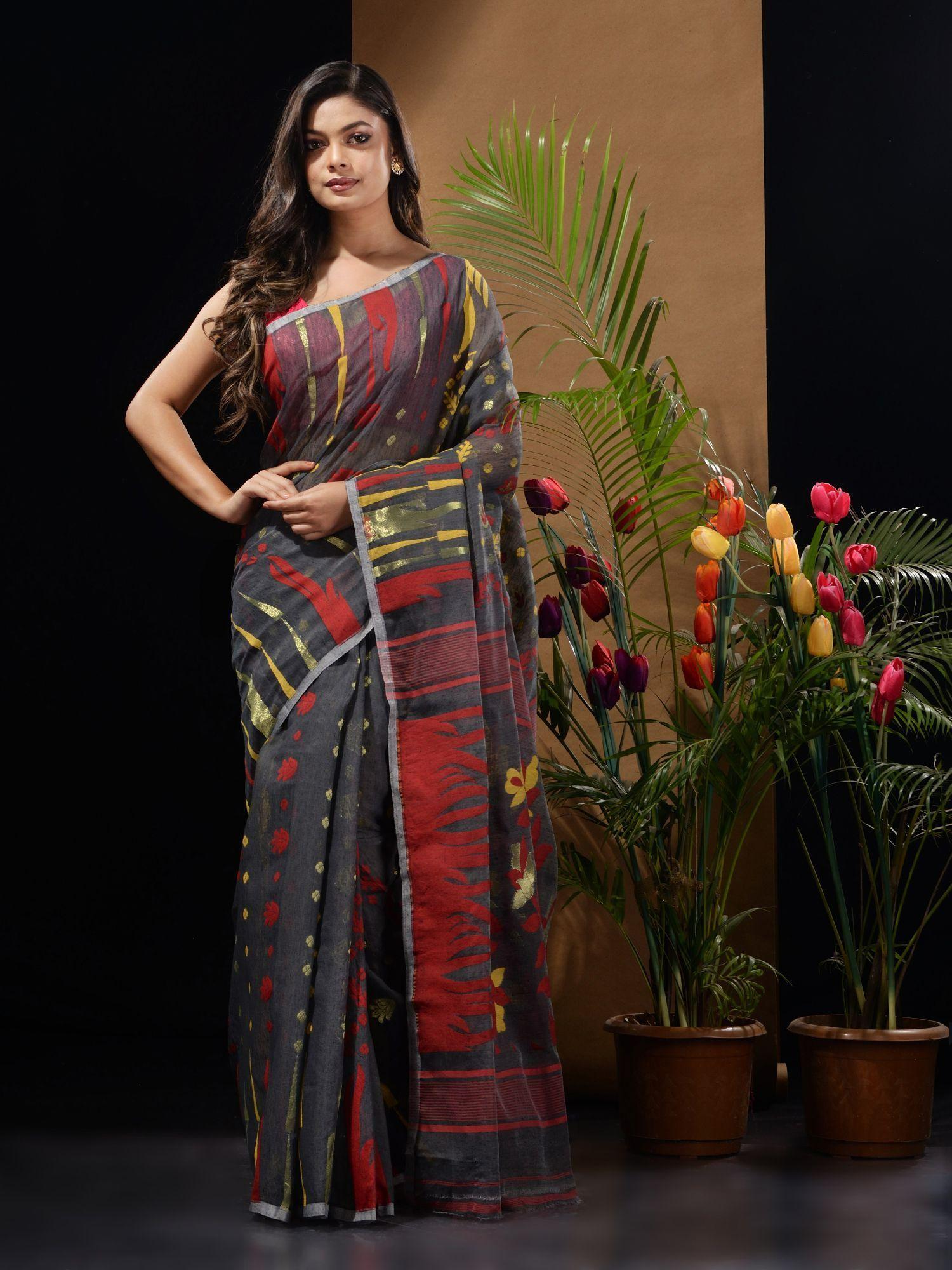 charcoal handwoven saree with multicolour motifs & floral designs