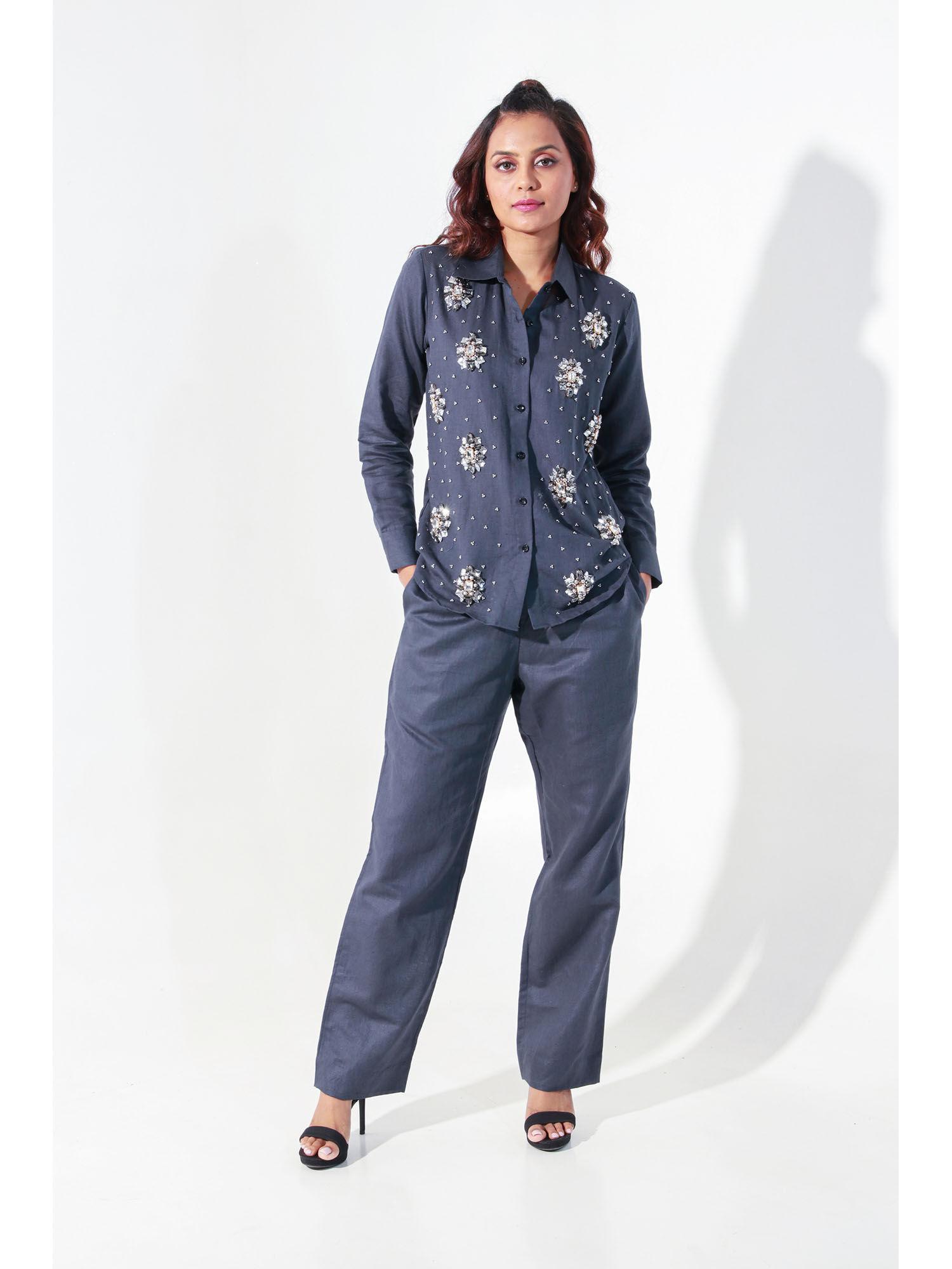 charcoal linen co-ord with embroidery (set of 2)