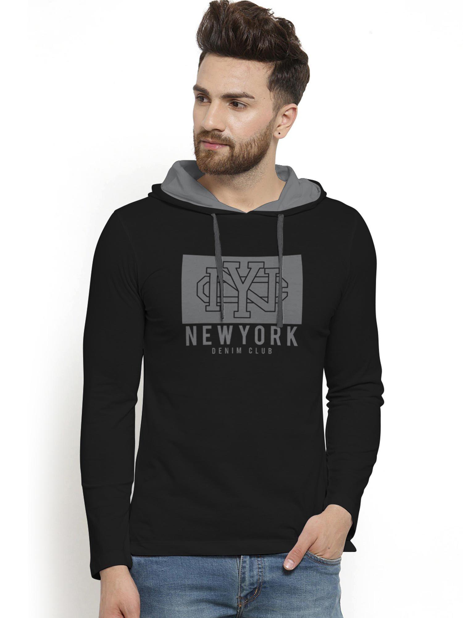 charcoal melange trendy printed hooded t-shirt for men