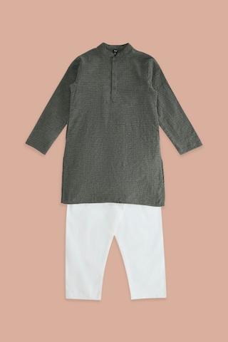 charcoal patterned casual mandarin full sleeves boys regular fit pant kurta set