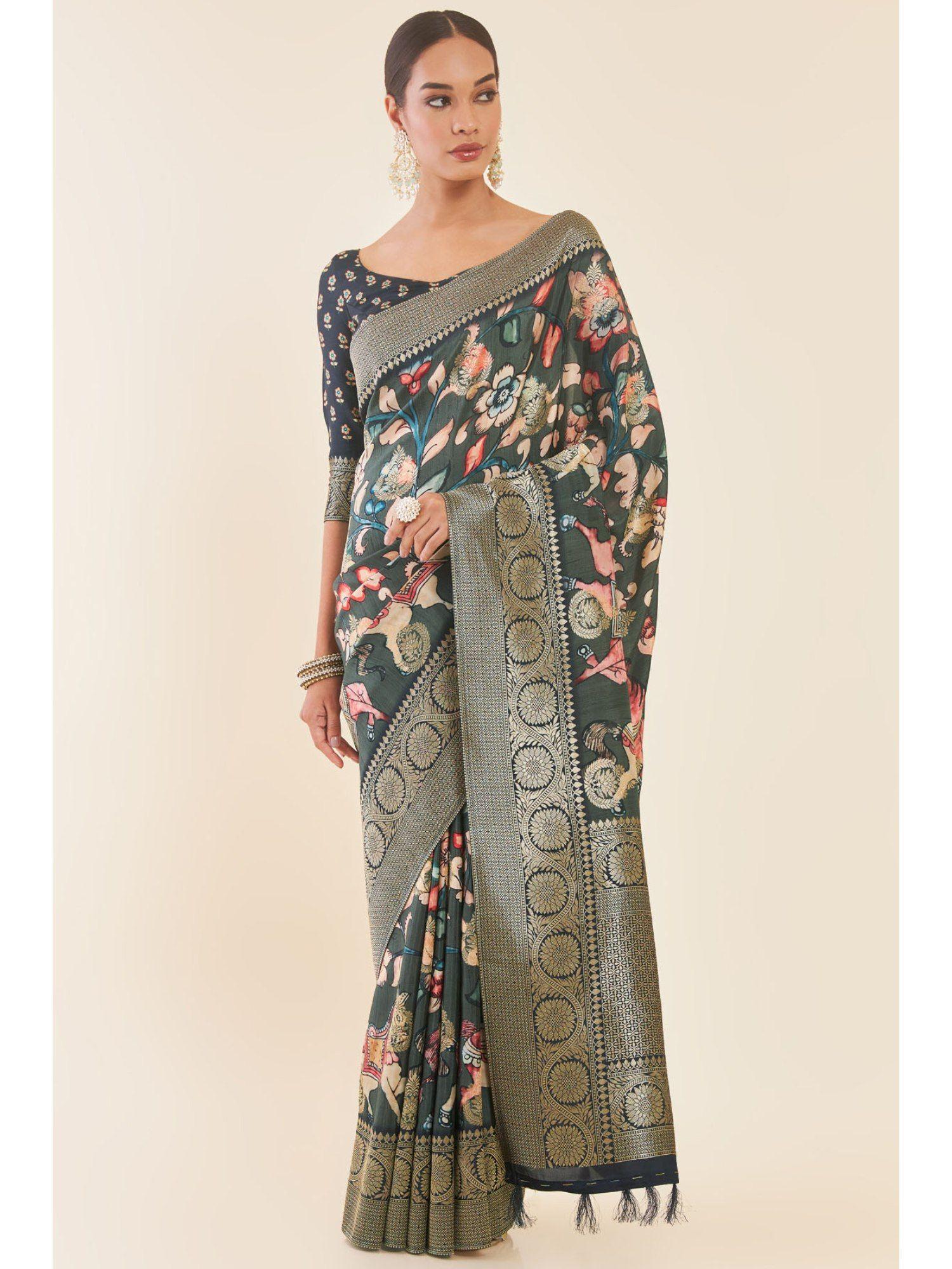 charcoal pichwai printed tussar saree with zari woven design and unstitched blouse