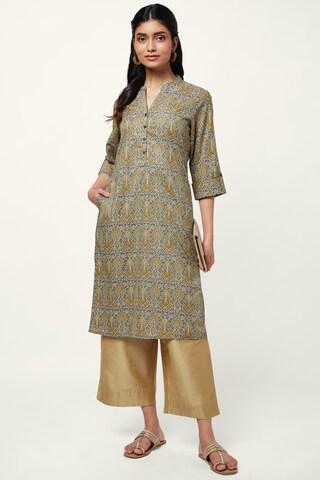 charcoal print casual mandarin 3/4th sleeves knee length women regular fit kurta