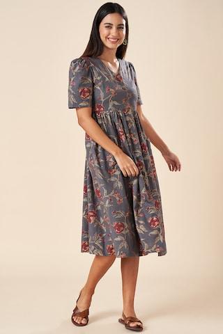 charcoal print v neck casual calf-length elbow sleeves women regular fit dress