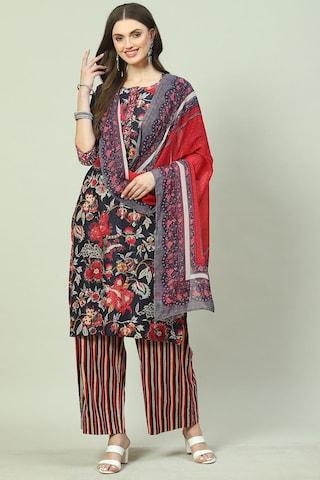 charcoal printed casual round neck 3/4th sleeves ankle-length women straight fit kurta dupatta palazzo set