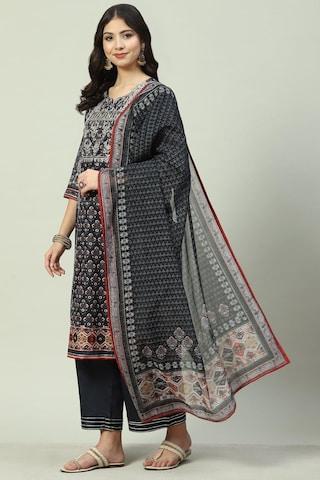 charcoal printed casual round neck 3/4th sleeves ankle-length women straight fit kurta dupatta palazzo set