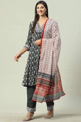 charcoal printed casual v neck 3/4th sleeves ankle-length women straight fit kurta dupatta palazzo set