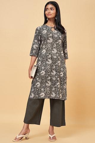 charcoal printed ethnic round neck 3/4th sleeves calf-length women regular fit kurta pant set