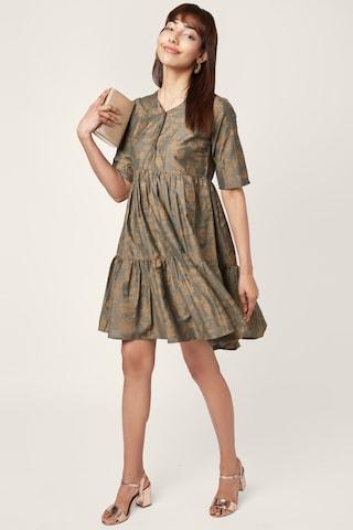 charcoal printed v neck ethnic thigh-length elbow sleeves women regular fit dress