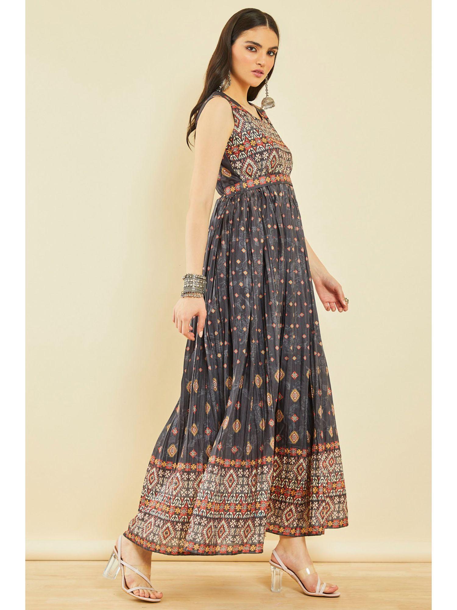 charcoal rayon ethnic print dress with sequins