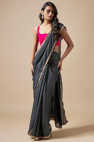 charcoal satin georgette foil printed saree set